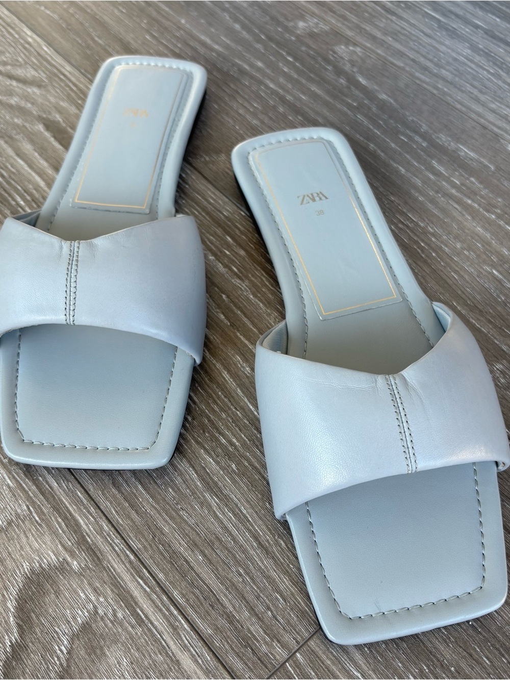 Zara Leather Light Blue Square-Toe Slide Sandals - Picture 6 of 12